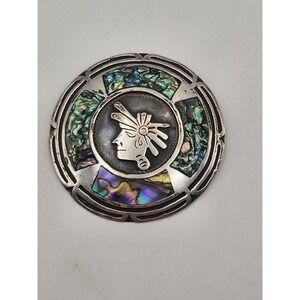 Vintage MG Sterling Silver Abalone Aztec Warrior Brooch Pendant Mexico 925 2.25"